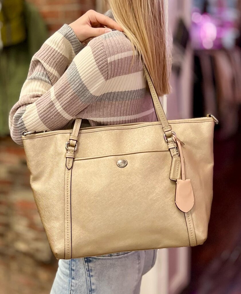 Coach Peyton Saffiano Leather Pocket Tote Shoulder Bag In Metallic Gold
