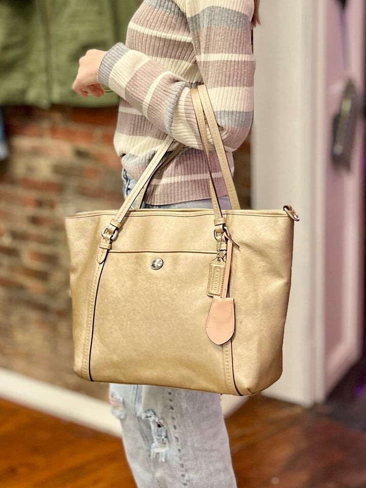 Coach Peyton Saffiano Leather Pocket Tote Shoulder Bag In Metallic Gold