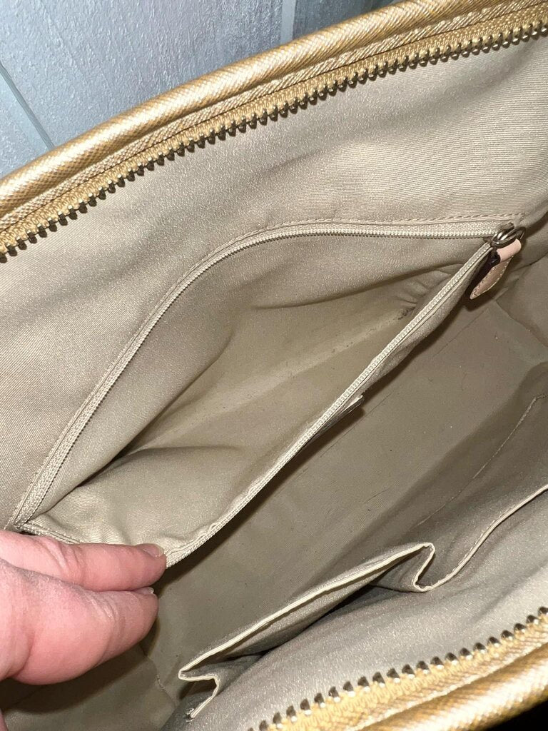 Coach Peyton Saffiano Leather Pocket Tote Shoulder Bag In Metallic Gold