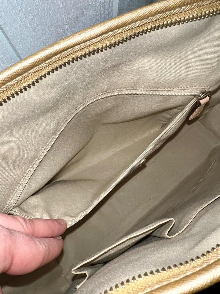 Coach Peyton Saffiano Leather Pocket Tote Shoulder Bag In Metallic Gold