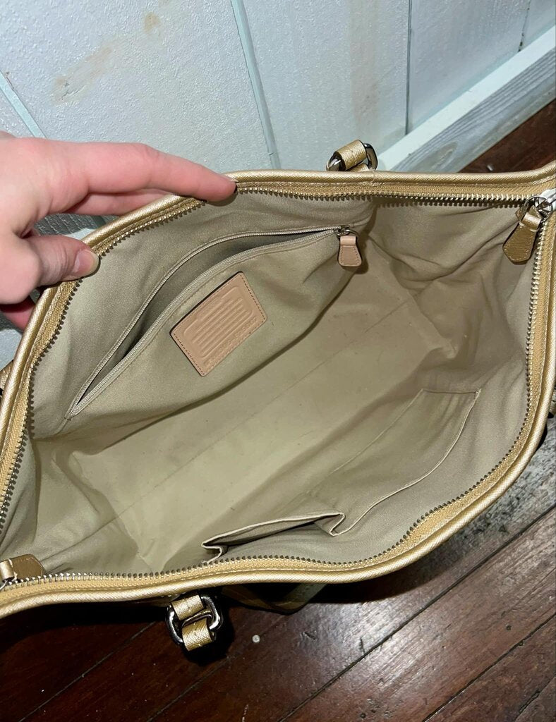 Coach Peyton Saffiano Leather Pocket Tote Shoulder Bag In Metallic Gold