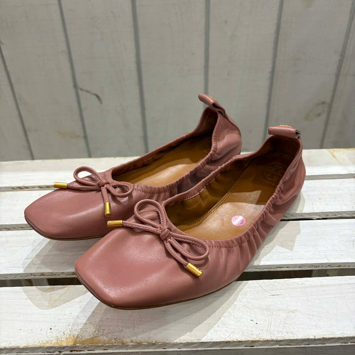 Tory Burch Square Toe Bow Leather Ballet Flats - Size 8.5 (Retails for $248)