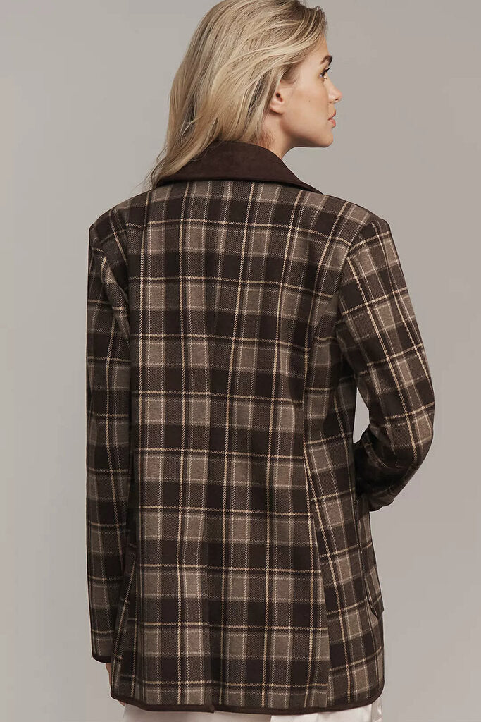Avec Les Files NWT Double Breasted Knit Blazer in Brown Plaid - Size XXS (Retails for $158)