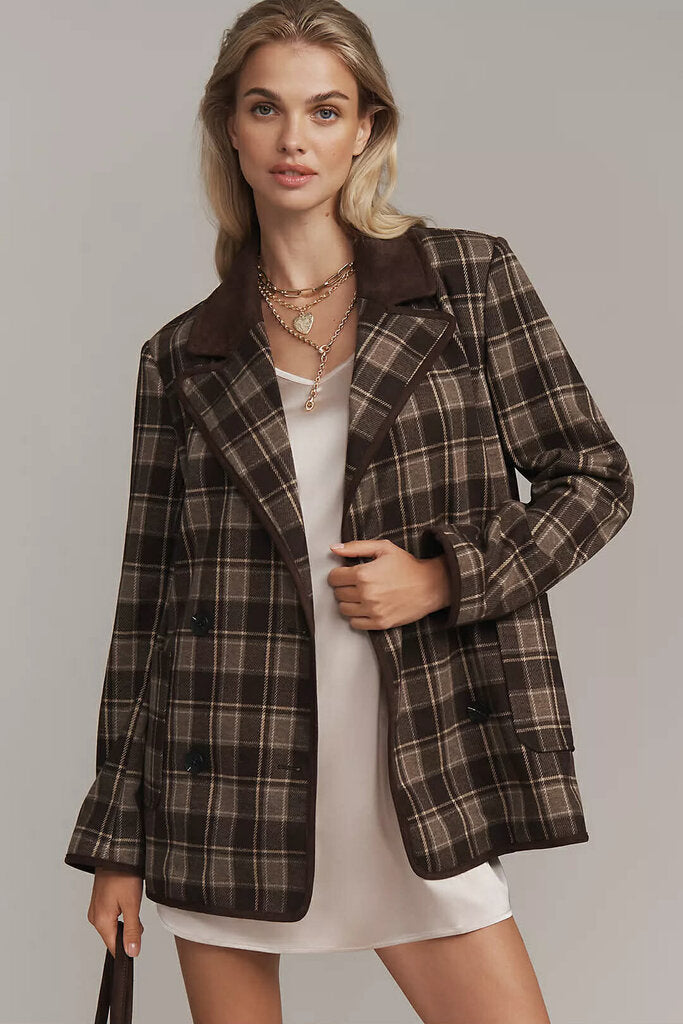 Avec Les Files NWT Double Breasted Knit Blazer in Brown Plaid - Size XXS (Retails for $158)