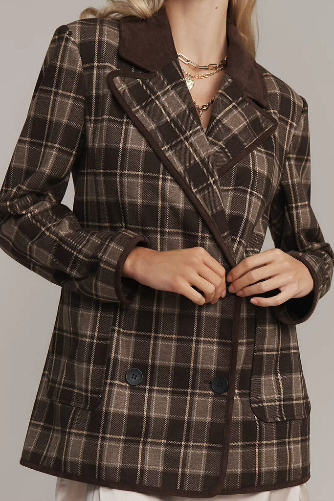 Avec Les Files NWT Double Breasted Knit Blazer in Brown Plaid - Size XXS (Retails for $158)