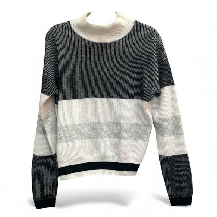 Brodie Cashmere Mock Neck Ribbed Multi Striped Sweater - Size Small