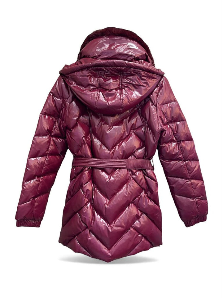 Michael Kors Faux Fur Trim Chevron Quilted Nylon Belted Jacket - Size Small