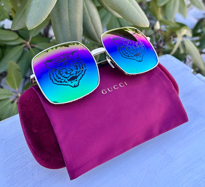 Gucci GG0414S 002 Square-Frame Gold Multicolor Tiger Sunglasses w/ Case