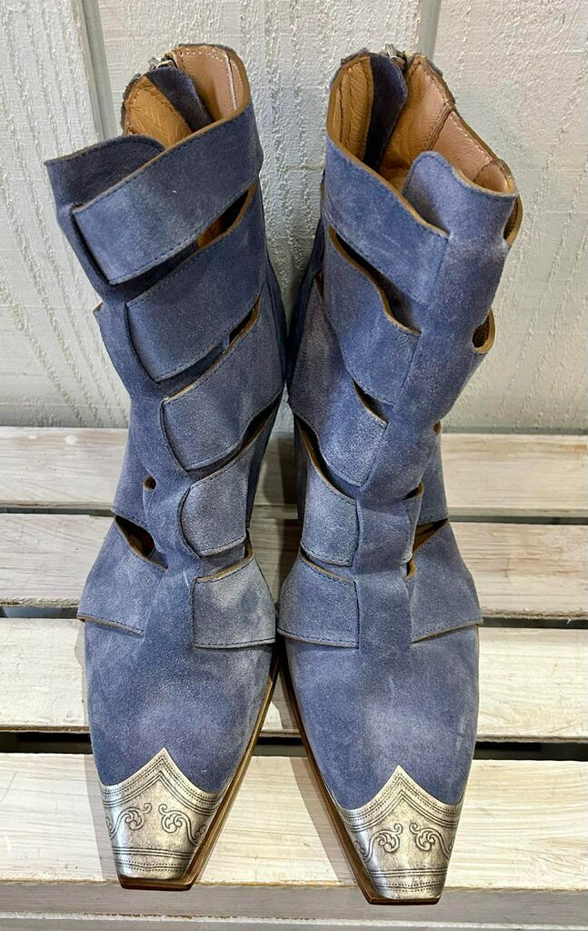 Free People Brayden Fisherman Suede Pewter Etch Tip Boot in Boardwalk Blue (Retails for $298) - Size 38.5