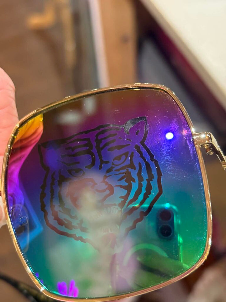 Gucci GG0414S 002 Square-Frame Gold Multicolor Tiger Sunglasses w/ Case