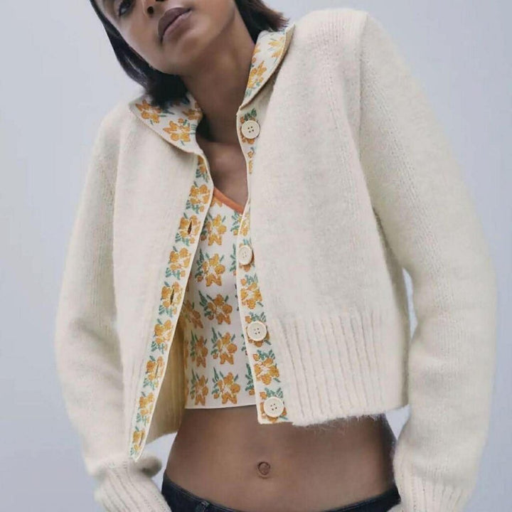 Zara NWT Contrasting Floral Knit Cardigan - Size Large