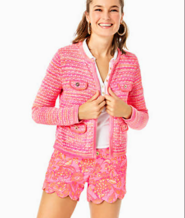 Lilly Pulitzer Kienna Cardigan Sweater Jacket In Aura Pink Metallic - Size Large (Retails for $158)