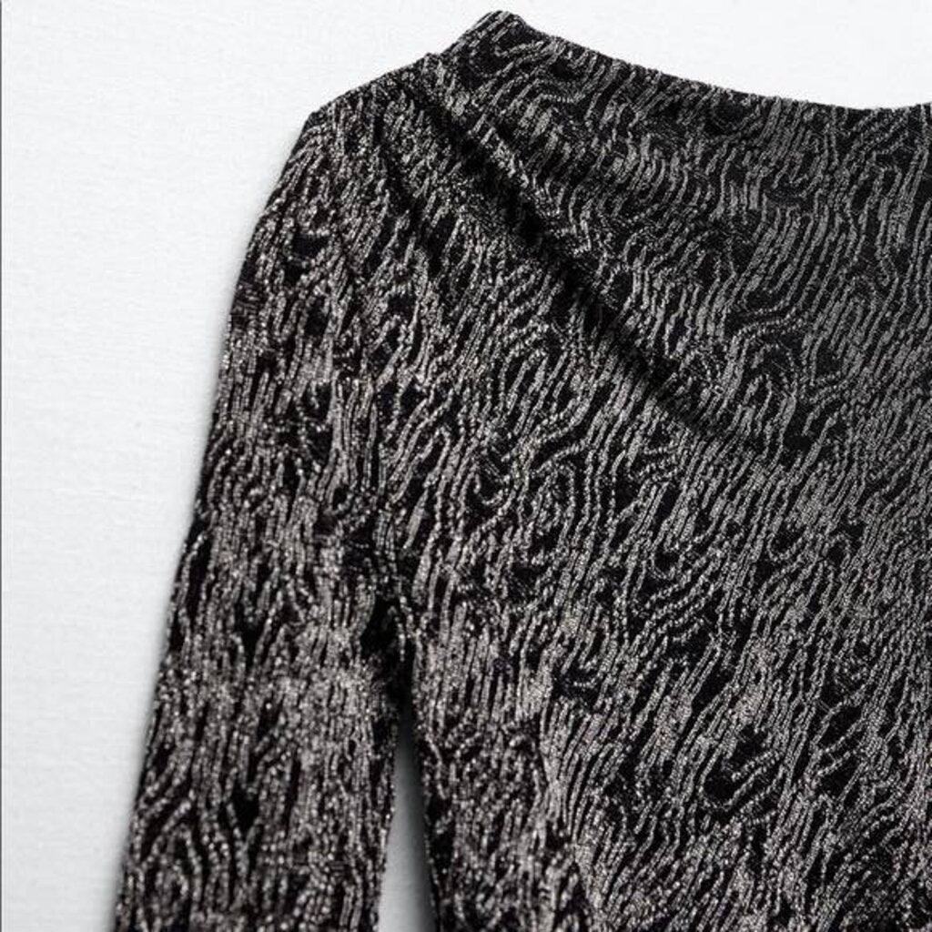 Zara Bodycon Ruched Metalic High-Neck Mini Dress - Size Large