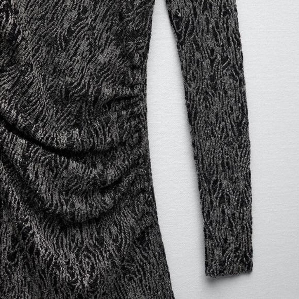 Zara Bodycon Ruched Metalic High-Neck Mini Dress - Size Large