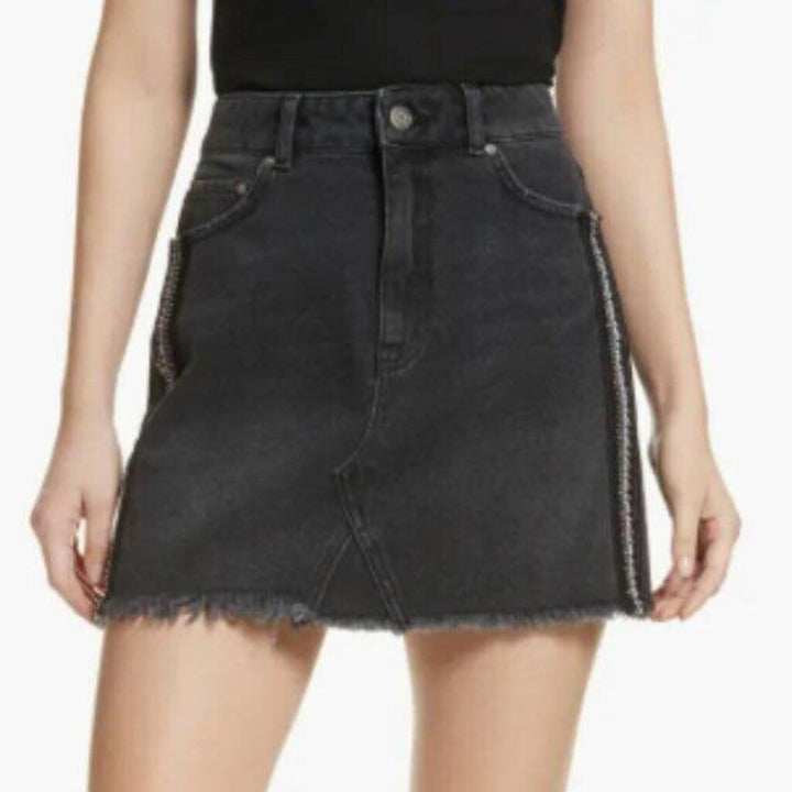 Free People Black Denim Embellished Mini-Skirt - Size 12
