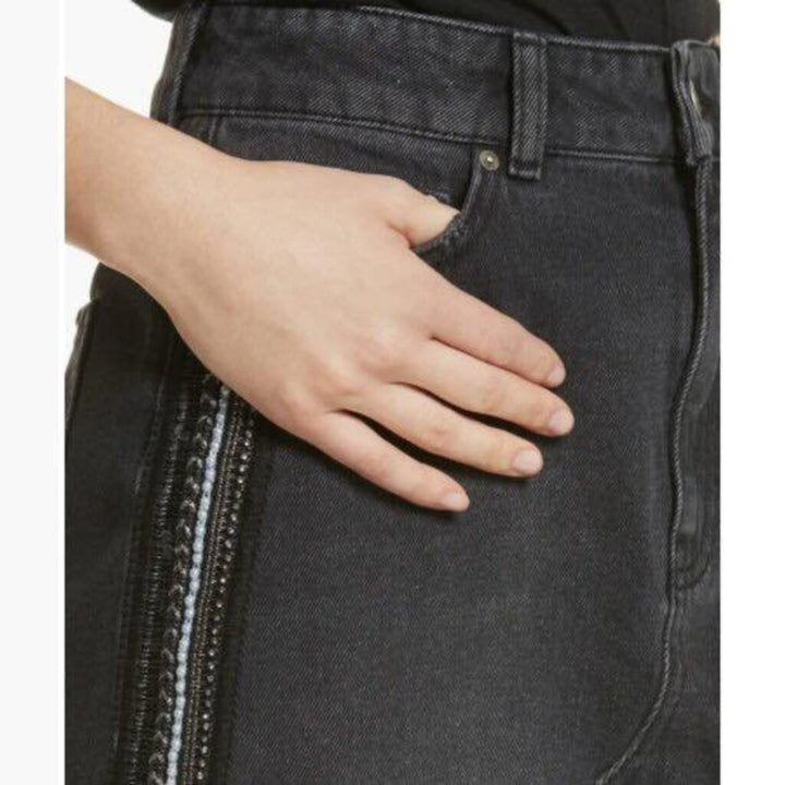 Free People Black Denim Embellished Mini-Skirt - Size 12