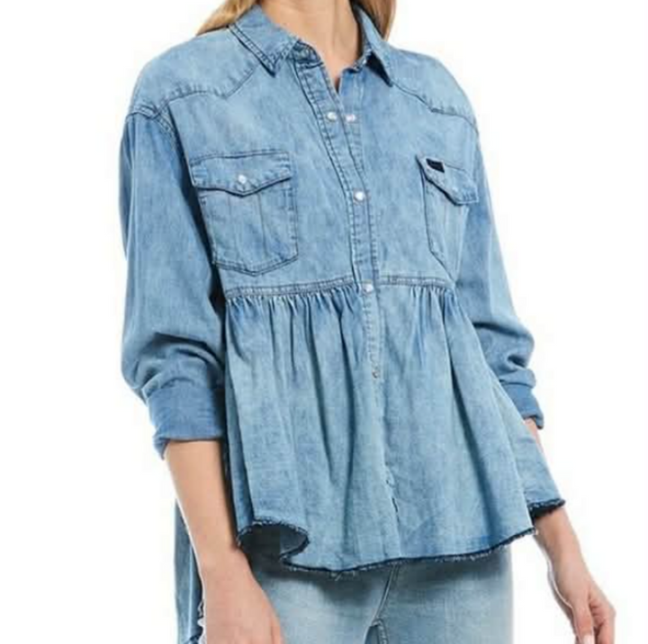 Free People Dylan Babydoll Chambray Shirt - Size Large