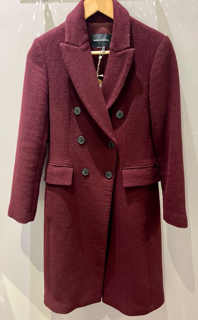 Club Monaco Burgundy Double Breasted Wool Coat- Size Small