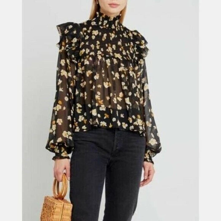 Anthropologie Floral Smocked High Neck In Black - Size Large