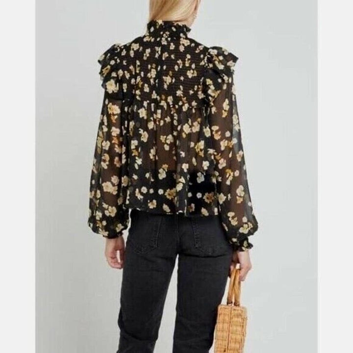 Anthropologie Floral Smocked High Neck In Black - Size Large