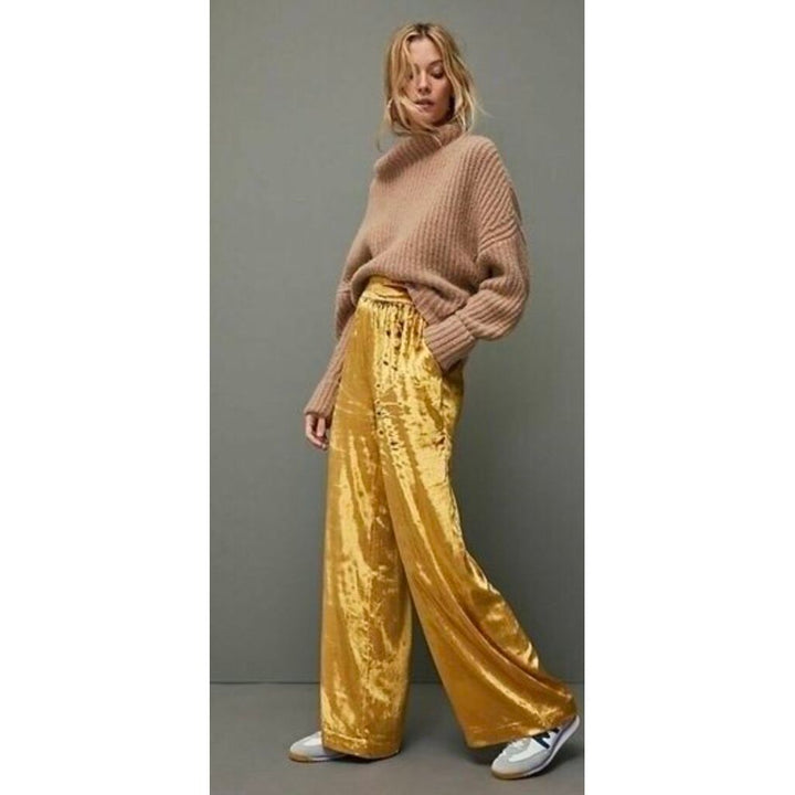 Maeve Anastacia Velvet Wide-Leg Pants in Gold - Size Small