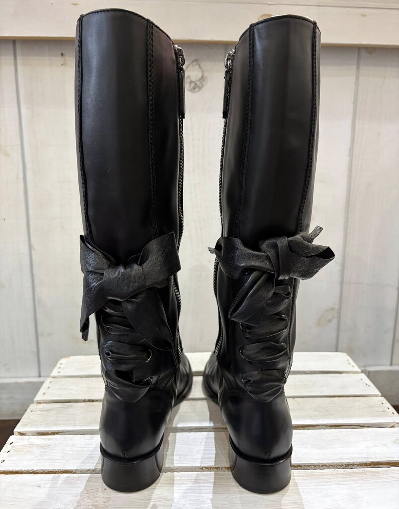 Valentino Soft Nappa Ascot Ribbon Lace-Up Riding Boots - Size 36.5