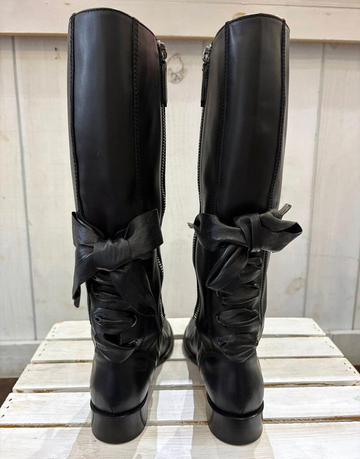 Valentino Soft Nappa Ascot Ribbon Lace-Up Riding Boots - Size 36.5