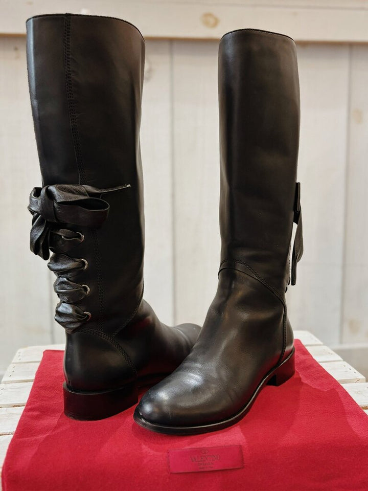 Valentino Soft Nappa Ascot Ribbon Lace-Up Riding Boots - Size 36.5