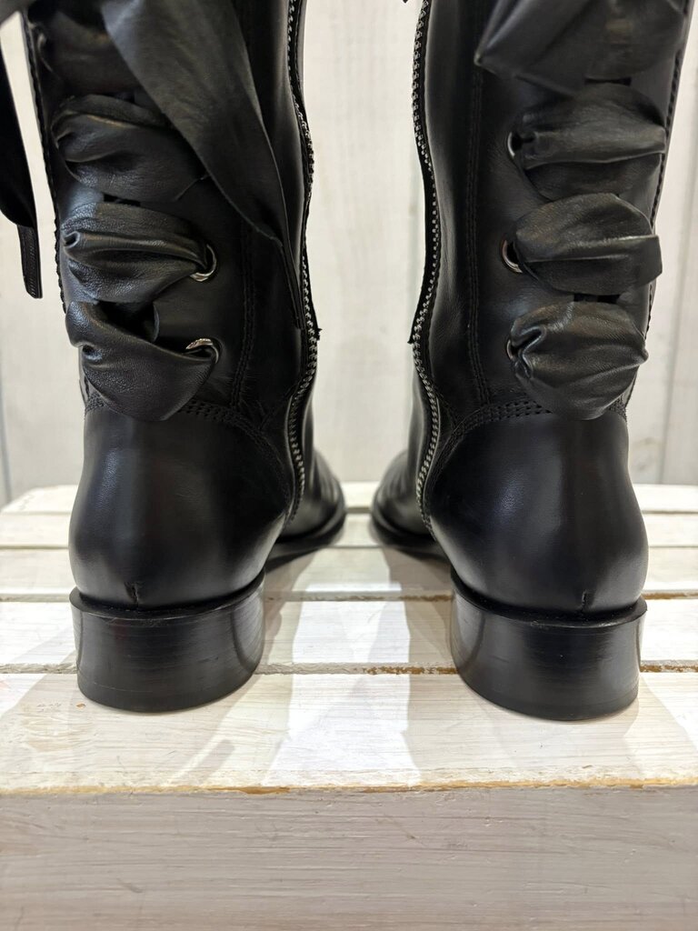 Valentino Soft Nappa Ascot Ribbon Lace-Up Riding Boots - Size 36.5