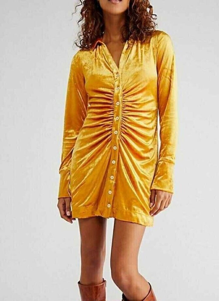 Free People NWT Shayla Velvet Mini Dress in Gold - Size Small (Retails for $128)