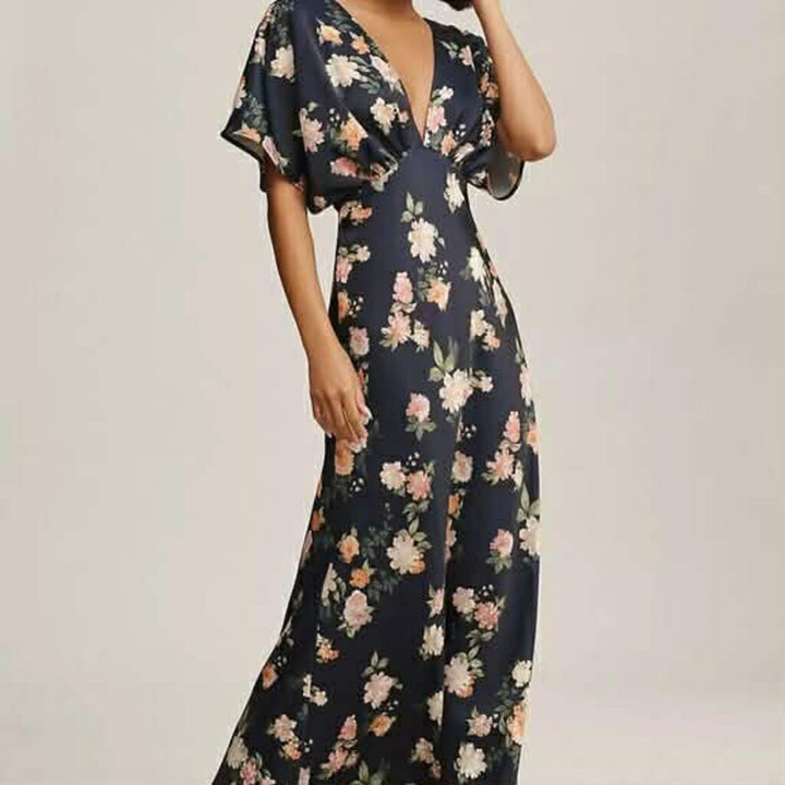 BHLDN Leila Deep-V Flutter-Sleeve Satin A-Line Gown - Size 2 (Retails for $248)