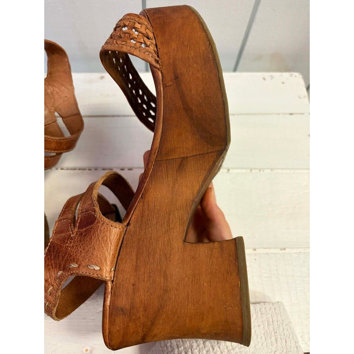 Bed Stu Kenya Cognac Leather Heeled Wood Platform Sandals - Size 10