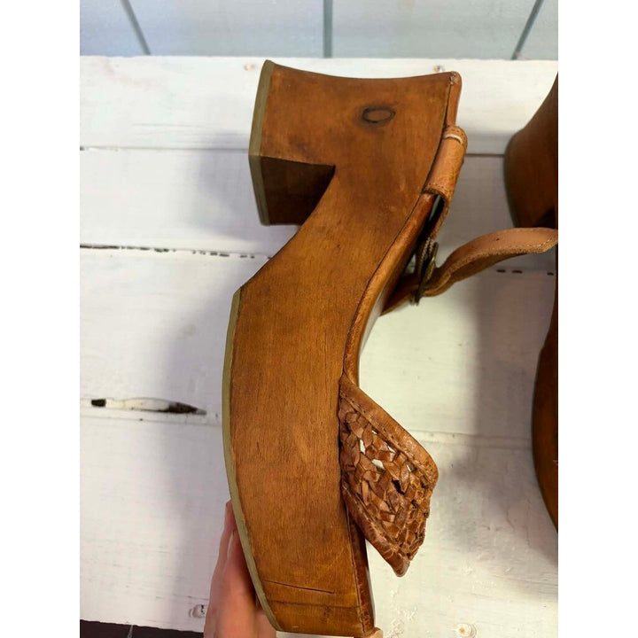Bed Stu Kenya Cognac Leather Heeled Wood Platform Sandals - Size 10