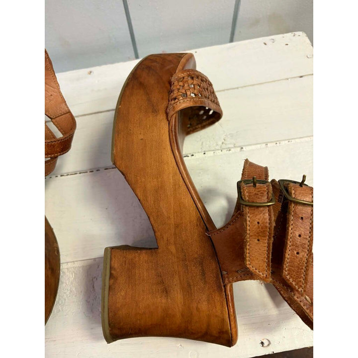 Bed Stu Kenya Cognac Leather Heeled Wood Platform Sandals - Size 10