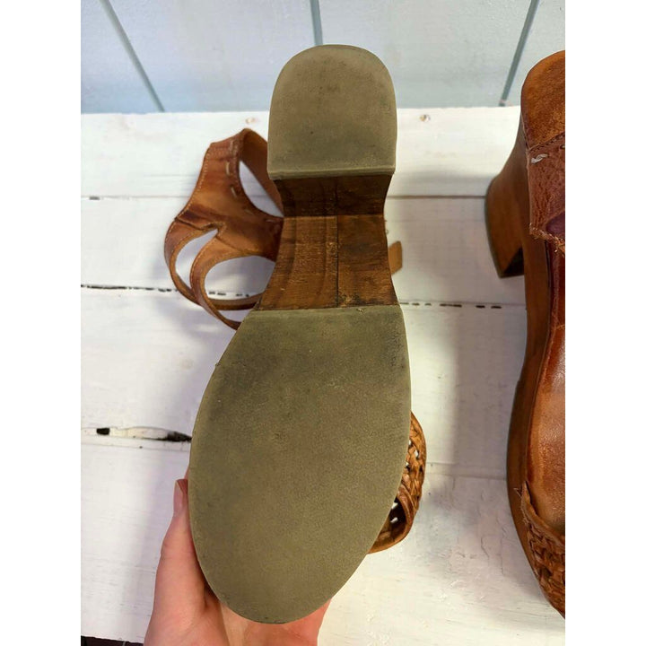Bed Stu Kenya Cognac Leather Heeled Wood Platform Sandals - Size 10