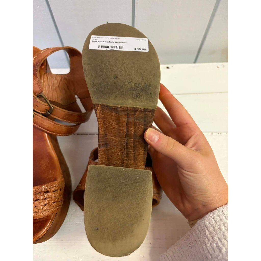 Bed Stu Kenya Cognac Leather Heeled Wood Platform Sandals - Size 10