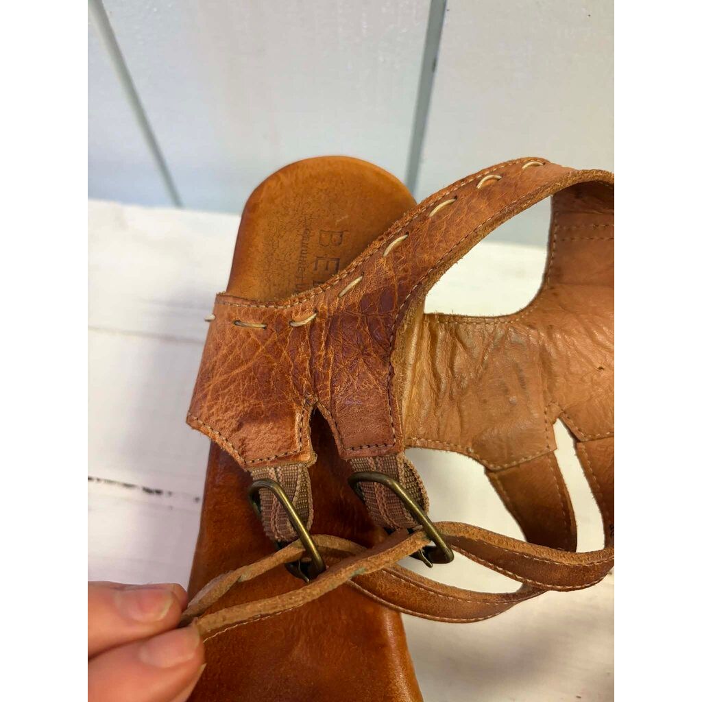 Bed Stu Kenya Cognac Leather Heeled Wood Platform Sandals - Size 10