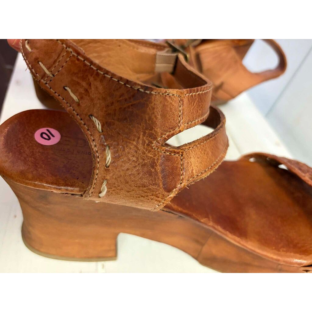 Bed Stu Kenya Cognac Leather Heeled Wood Platform Sandals - Size 10