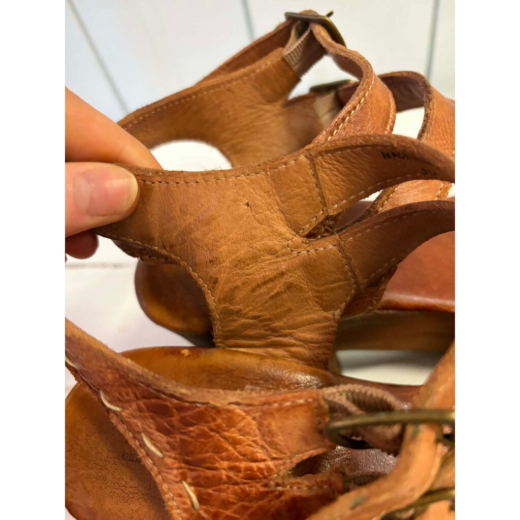 Bed Stu Kenya Cognac Leather Heeled Wood Platform Sandals - Size 10