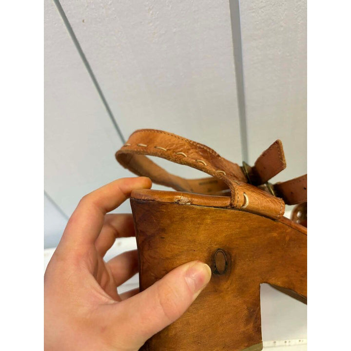 Bed Stu Kenya Cognac Leather Heeled Wood Platform Sandals - Size 10