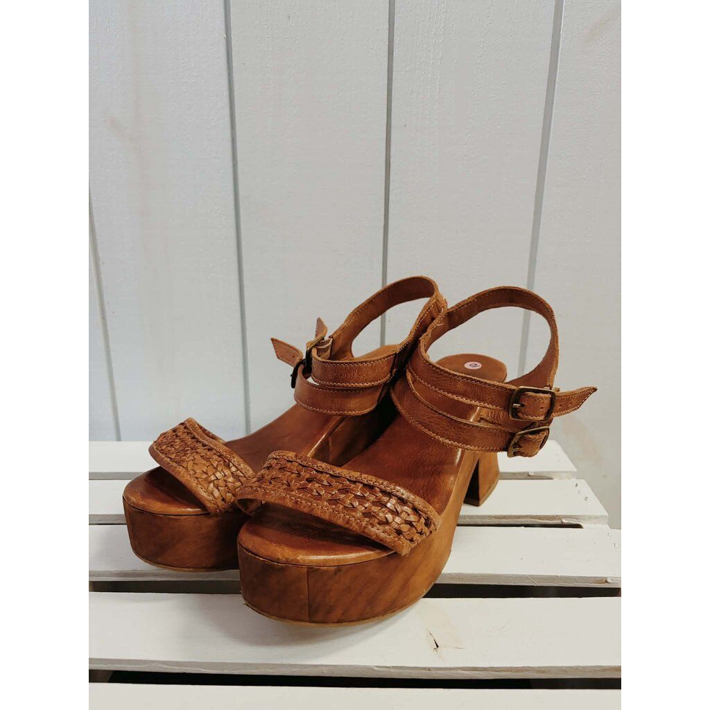 Bed Stu Kenya Cognac Leather Heeled Wood Platform Sandals - Size 10