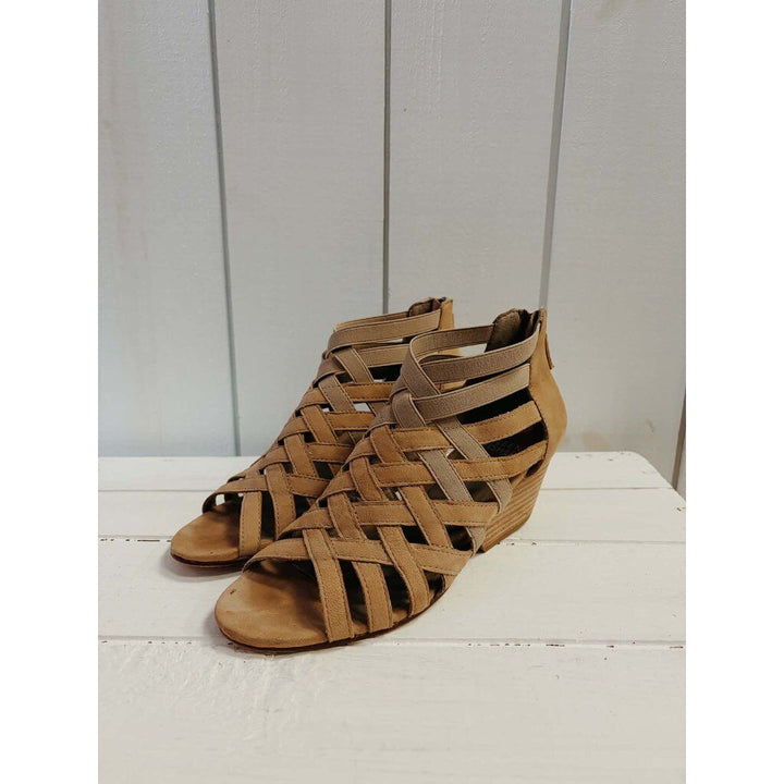 Eileen Fisher Oodle Tumbled Nubuck Leather Heeled Sandals - Size 6.5