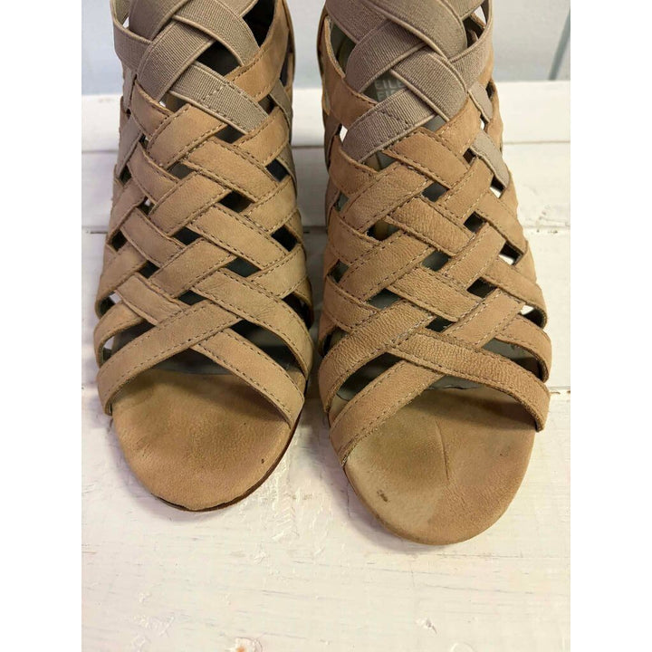 Eileen Fisher Oodle Tumbled Nubuck Leather Heeled Sandals - Size 6.5