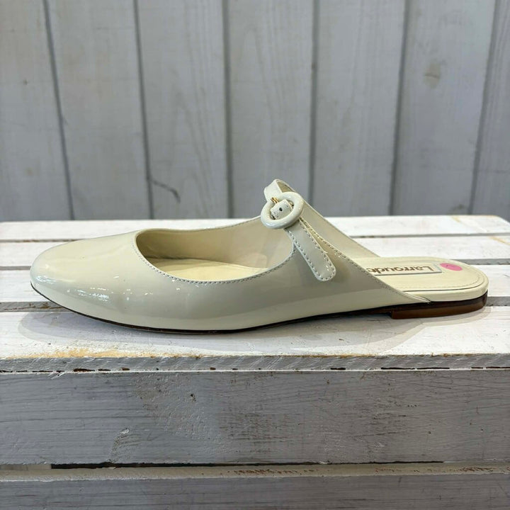 Larroude Blair Flat Mule In Ivory Patent Leather - Size 7