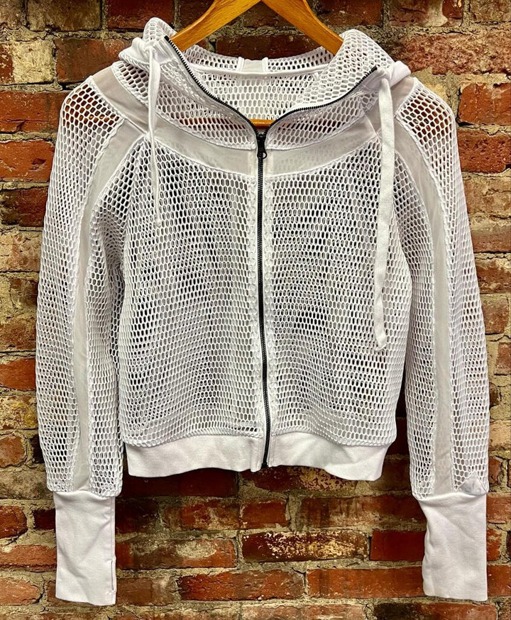Alo Yoga Fortuna Mesh Hooded Jacket In White - Size S/M