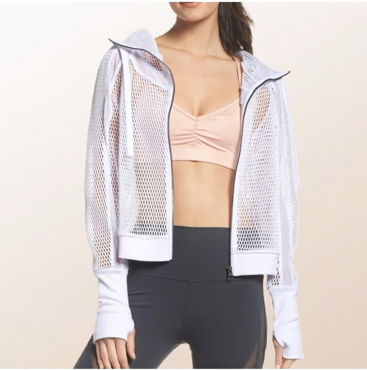 Alo Yoga Fortuna Mesh Hooded Jacket In White - Size S/M