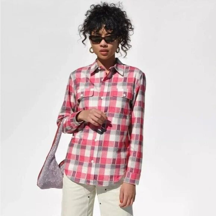 Re/Done Women's Flannel Button Down Shirt Long Sleeve Pockets Plaid in Red - Size Small
