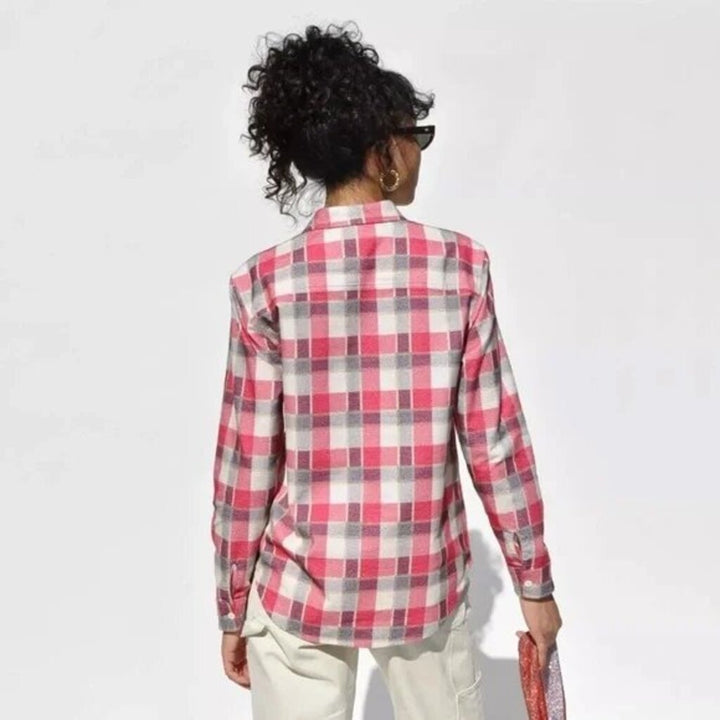 Re/Done Women's Flannel Button Down Shirt Long Sleeve Pockets Plaid in Red - Size Small