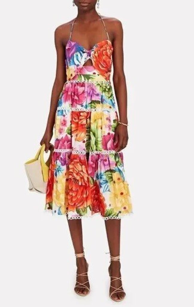 Farm Rio Chita Floral Print Halter Midi Dress In Rainbow Chita - Size Medium (Retails for $335)