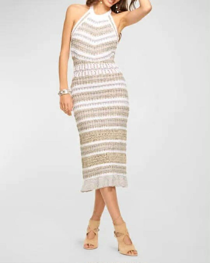 Ramy Brook Cara Sequin Halter Neck Crochet Knit Dress - Size Large